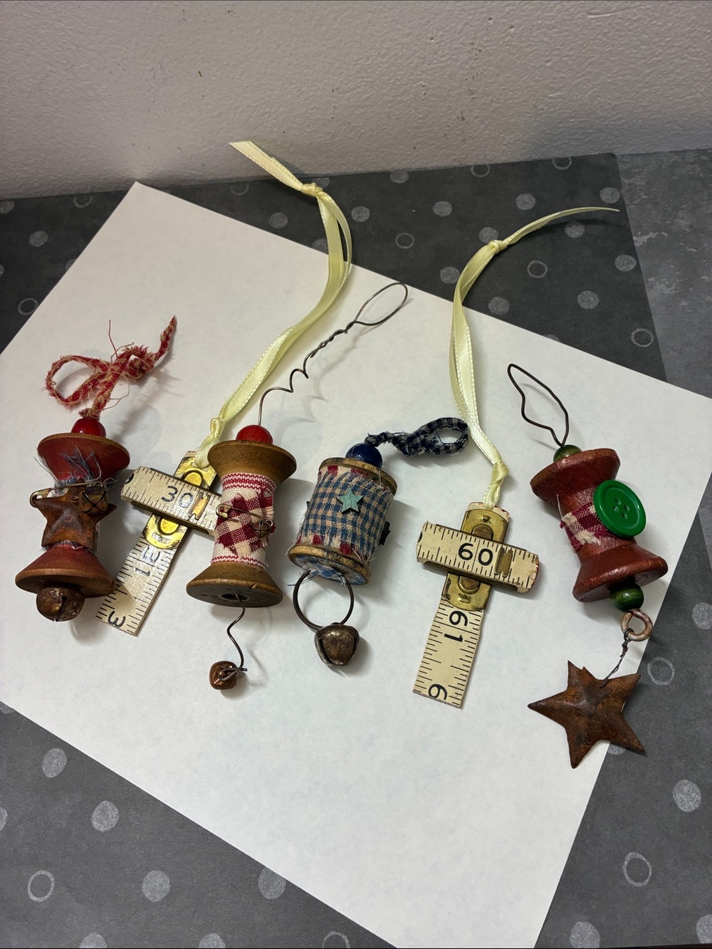 6 Rustic Spool & Ruler Hanging Ornaments - Up cycled Holiday